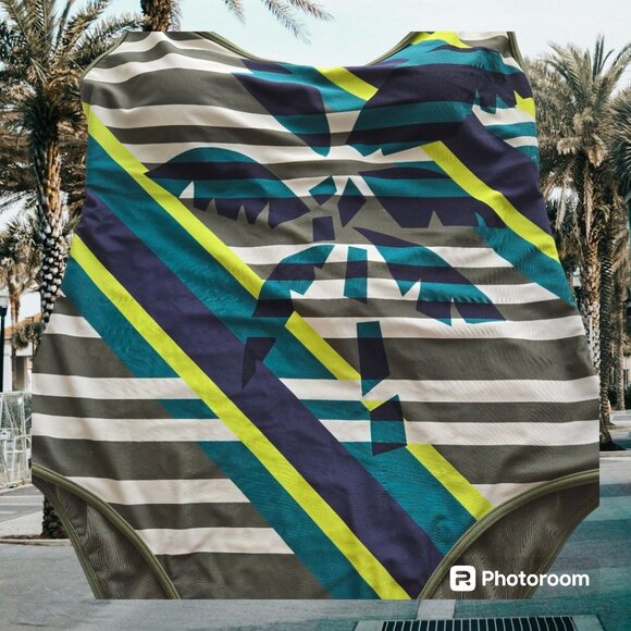 Aerie One Piece Swim Suit XL Green White Stripe Palm Tree Drawstring Close - Picture 2 of 4